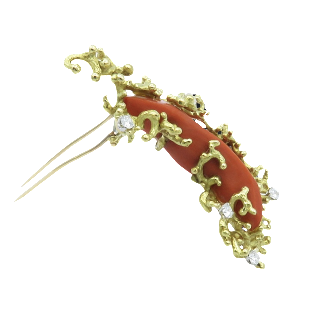 Broche en or jaune 18K massif Corail et diamants vers 1965