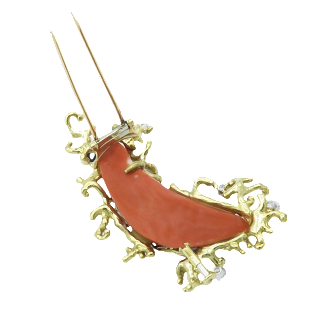 Broche en or jaune 18K massif Corail et diamants vers 1965