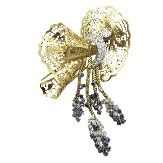  Broche en or 18K et platine massif saphirs et diamants vers 1950