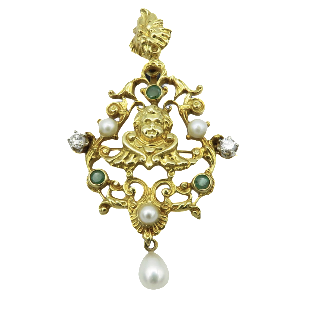 Broche Pendentif en or jaune 18K massif avec diamants, perles, Emeraudes