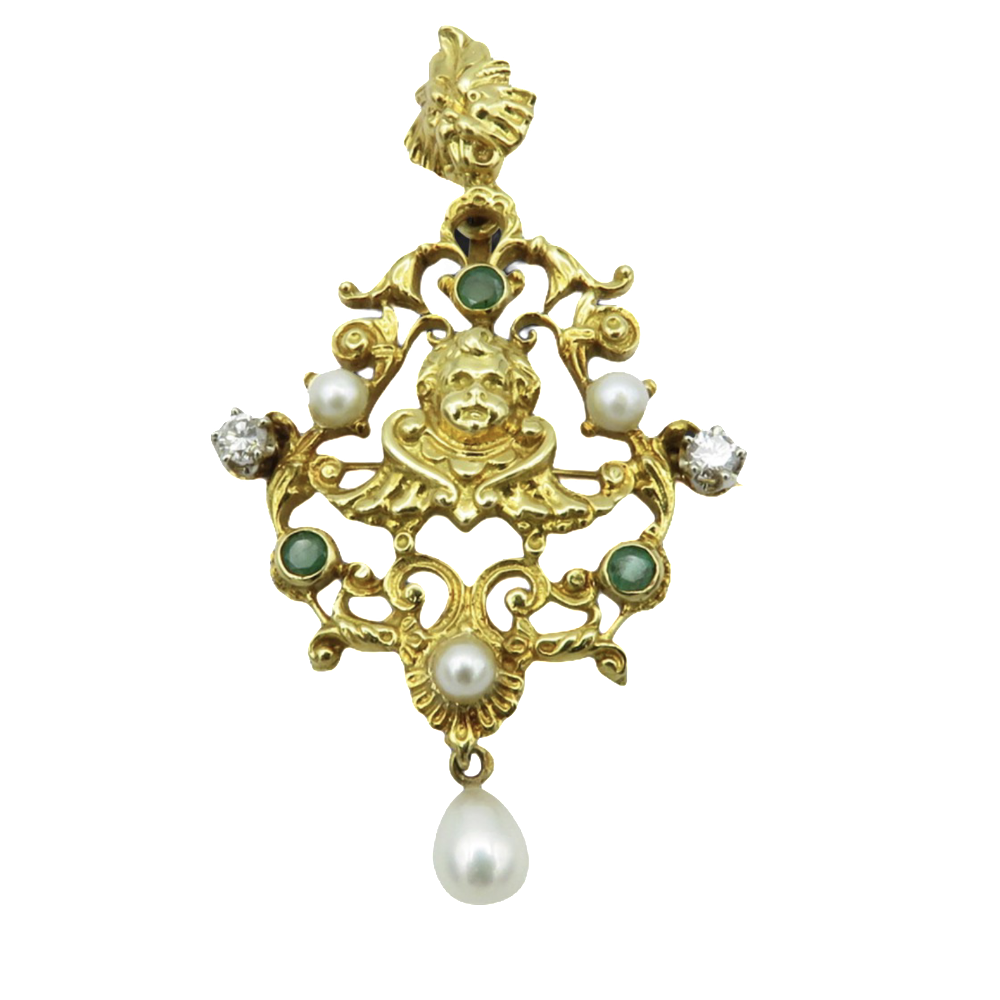 Broche Pendentif en or jaune 18K massif avec diamants, perles, Emeraudes