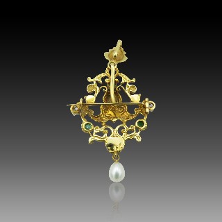 Broche Pendentif en or jaune 18K massif avec diamants, perles, Emeraudes