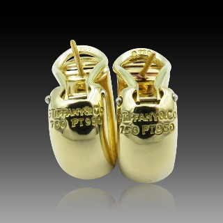 Boucles d'oreilles Créoles Tiffany en Or jaune 18k et Platine avec Diamants brillants
