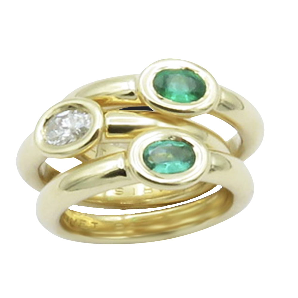 3 Bagues Chaumet Or jaune 18k massif avec Emeraudes et diamants. Taille 58