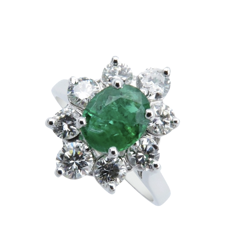 Bague Or gris 18k, Emeraude et Diamants brillants Bague Or gris 18k, Emeraude et Diamants brillants