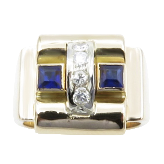 Bague "Tank" 1940 or jaune 18 k et platine avec diamants et verneuils 