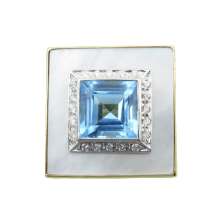 Bague Or Jaune 18K topaze Bleue, Nacre et Diamants. Taille 55