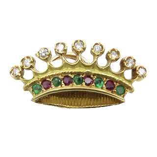 Pin's Couronne Comtale or jaune 18K vers 1970 Emeraudes, Rubis, Diamants Pin's Couronne Comtale or jaune 18K vers 1970 Emeraudes, Rubis, Diamants
