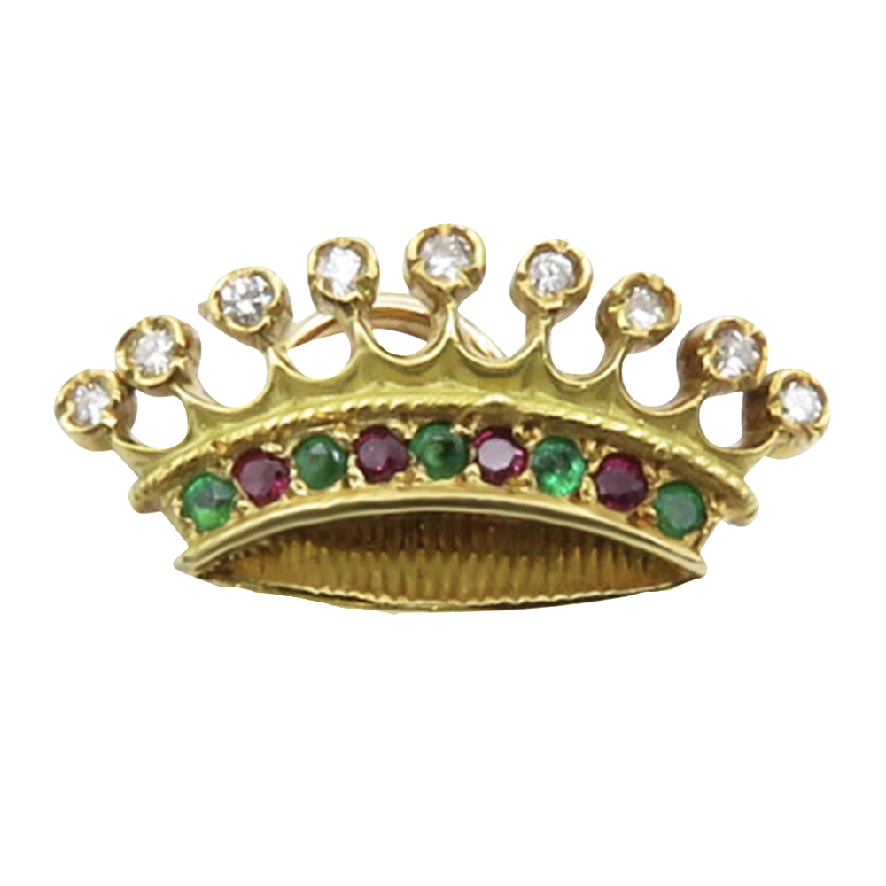 Pin's Couronne Comtale or jaune 18K vers 1970 Emeraudes, Rubis, Diamants