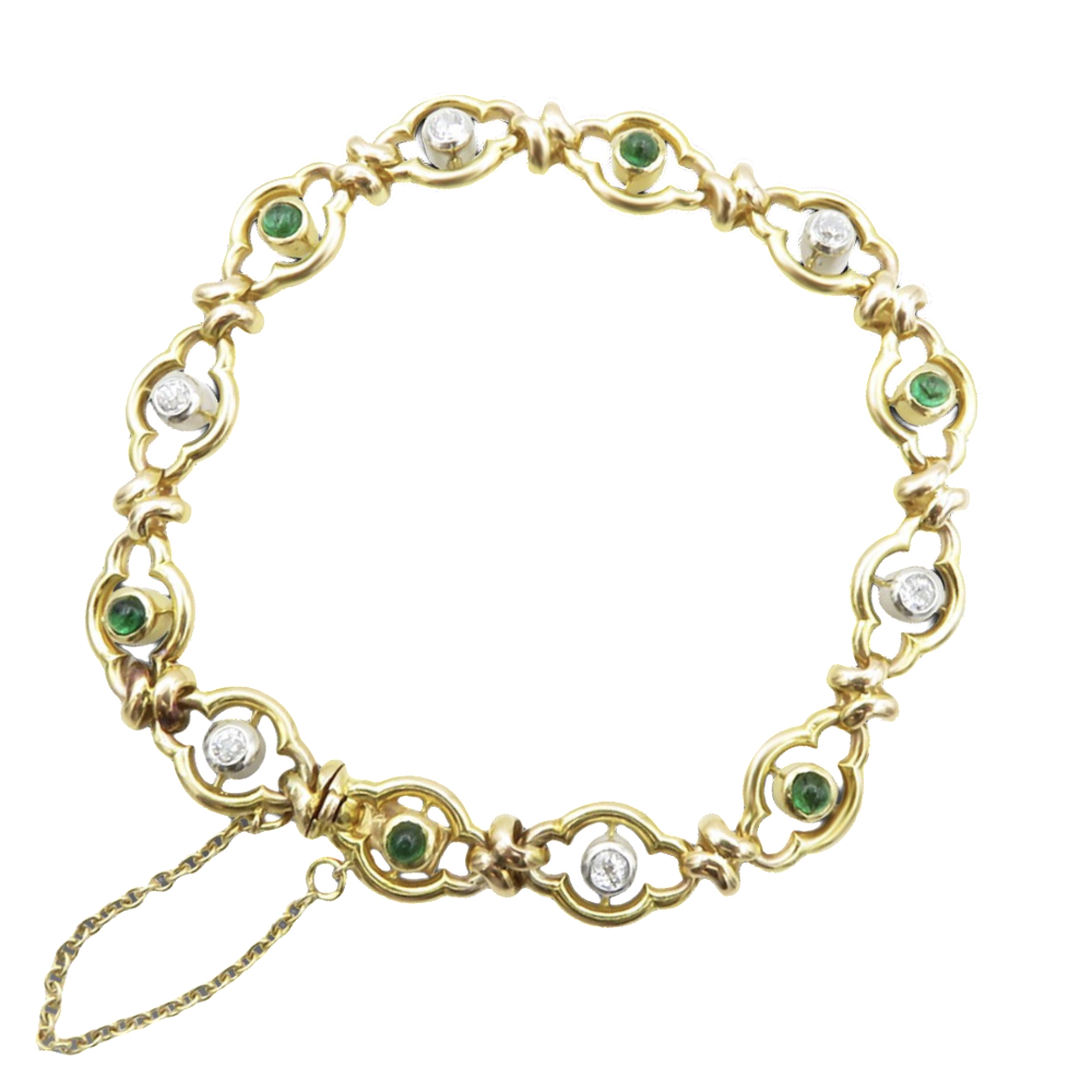 Bracelet vers 1900 en or 18k et Platine avec Emeraudes Cabochons et Diamants