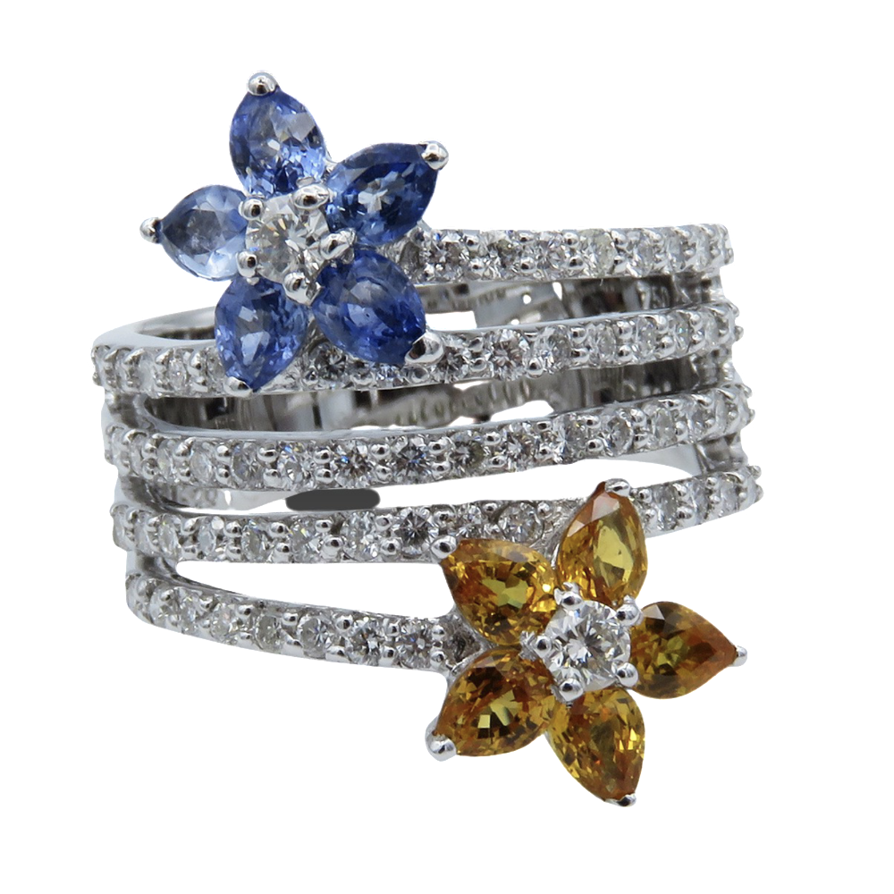  Bague Or gris 18k Avec diamants brillants et Saphirs bleus et jaunes. taille 54