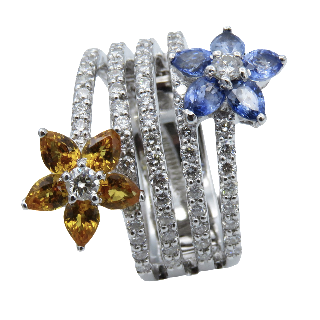  Bague Or gris 18k Avec diamants brillants et Saphirs bleus et jaunes. taille 54