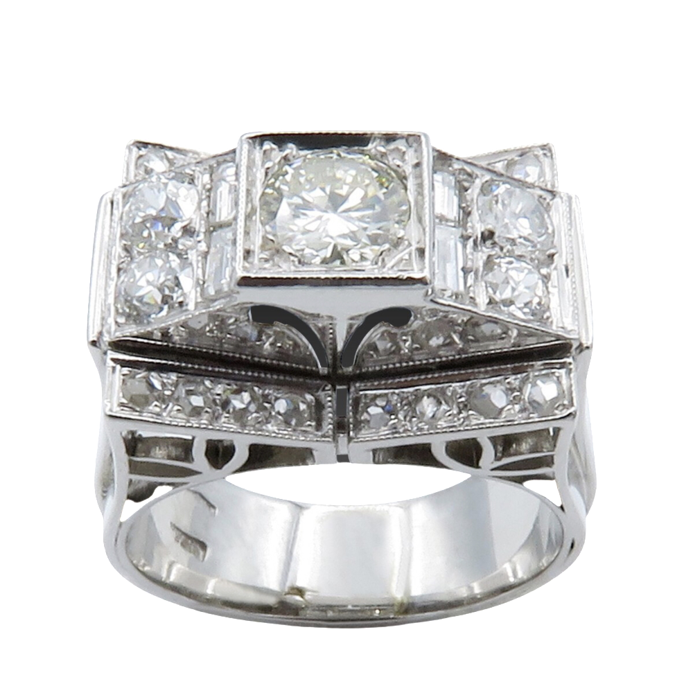 Bague Tank or 18k et Platine vers 1940 avec 1,50 Cts de diamants .Taille 57