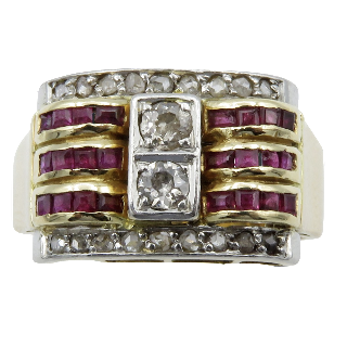 Bague "Tank" 1950 or jaune 18 k et platine avec diamants et rubis. Taille 55