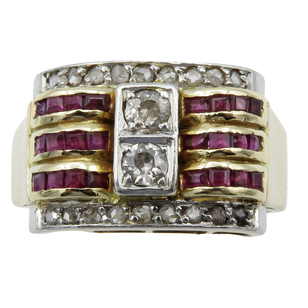 Bague "Tank" 1950 or jaune 18 k et platine avec diamants et rubis. Taille 55