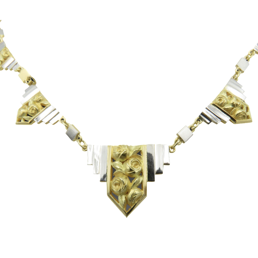 Collier Style Art Deco vers 1950 Or jaune et gris 18k. 48 cm.   