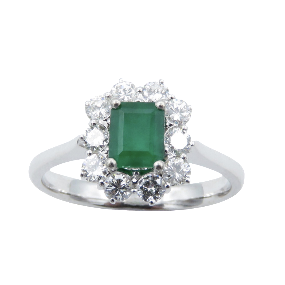 Bague Or gris 18k, Emeraude et Diamants brillants Bague Or gris 18k, Emeraude et Diamants brillants