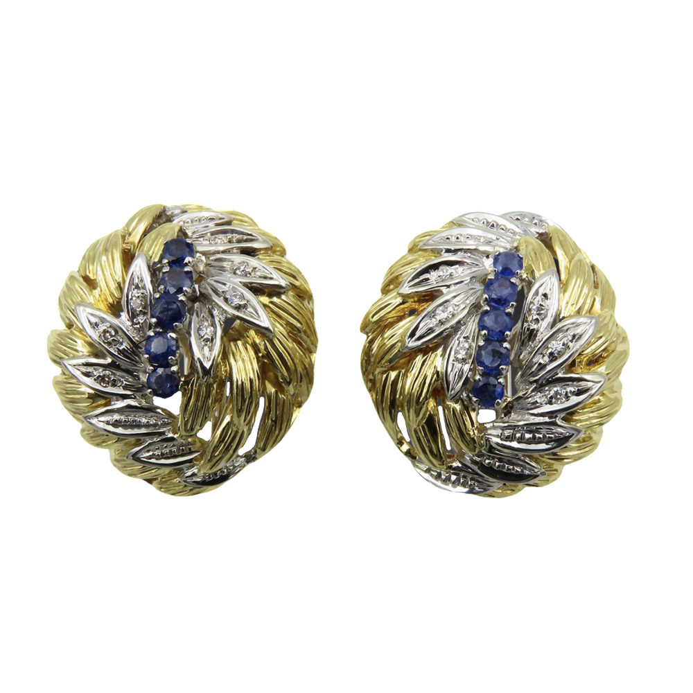 Boucles d'Oreilles en or jaune et gris 18k massif avec saphirs et diamants . Boucles d'Oreilles en or jaune et gris 18k massif avec saphirs et diamants .