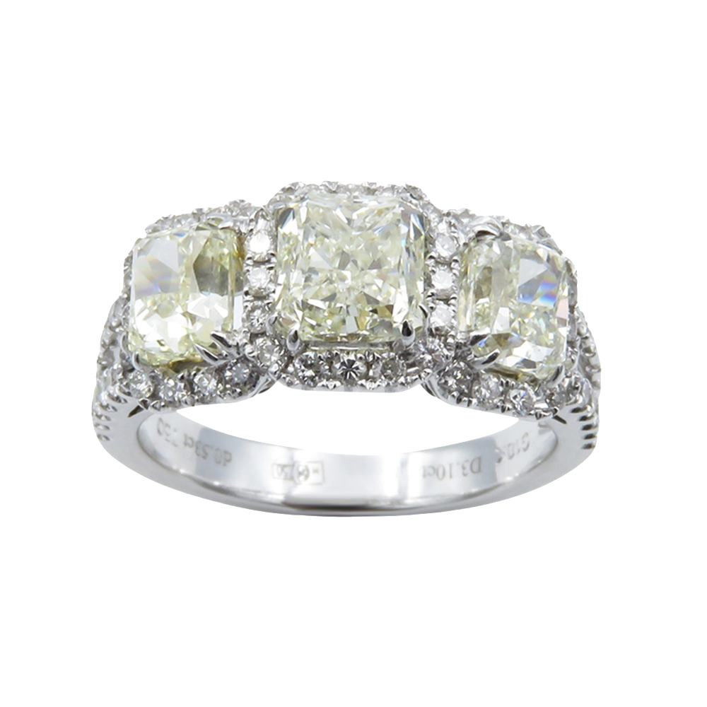 Bague Or Gris 18k avec 3,10 carats de diamants radiants et brillants. Taille 53