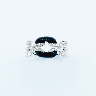 Bague Damiani "Dentelle" Or gris 18k diamants et Onyx . Taille 55. 