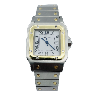 Montre Cartier Homme "Santos" Rectangulaire en Or et Acier Automatique Vers 1995.