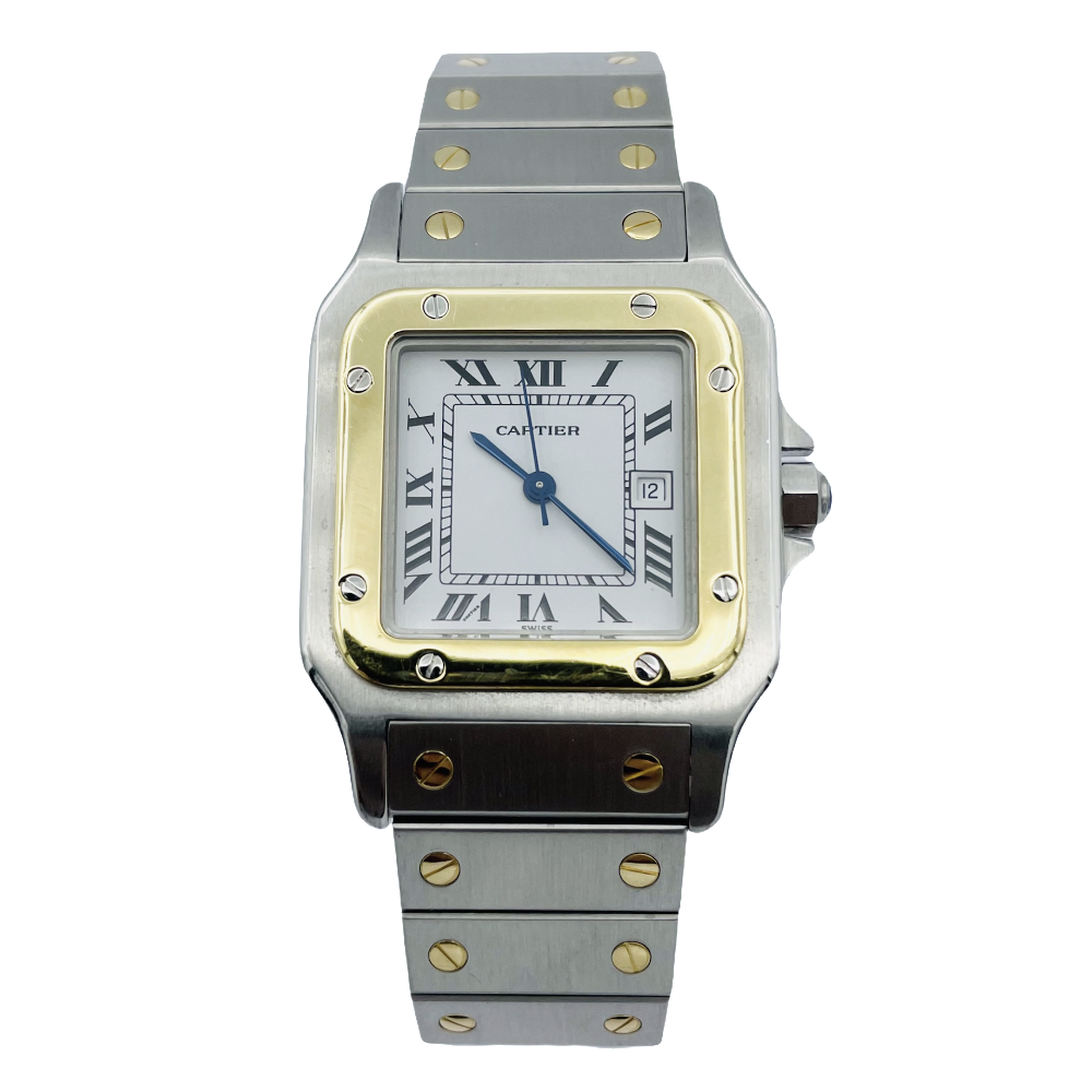 Montre Cartier Homme "Santos" Rectangulaire en Or et Acier Automatique Vers 1995.