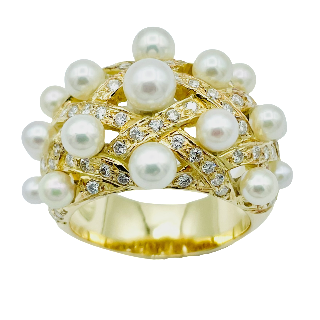 Bague en Or Jaune 18 K avec Perles de Culture et Diamants Brillants.Taille 57-58