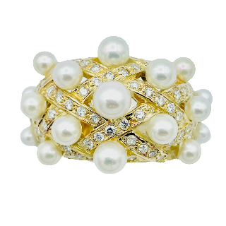 Bague en Or Jaune 18 K avec Perles de Culture et Diamants Brillants.Taille 57-58