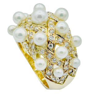 Bague en Or Jaune 18 K avec Perles de Culture et Diamants Brillants.Taille 57-58