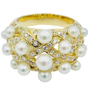 Bague en Or Jaune 18 K avec Perles de Culture et Diamants Brillants.Taille 57-58