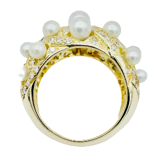 Bague en Or Jaune 18 K avec Perles de Culture et Diamants Brillants.Taille 57-58