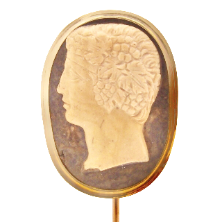 Epingle de cravate 19 ème , or 18 carats , Camée jaspe brun , profil de Bacchus