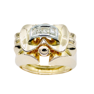 Bague vers 1950 en or jaune 18 Cts et Platine avec Roses de Diamants. Taille 48