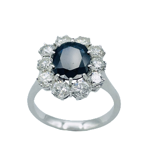 Bague Or Gris 18k Saphir Siam et Diamants brillants. taille 54-55