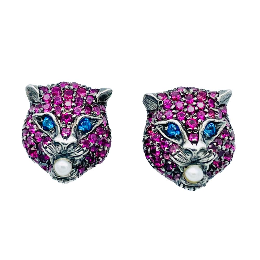 Boucles d'oreilles GUCCI Or jaune 18K et Argent Rubis, Topazes, Perles. Boucles d'oreilles GUCCI Or jaune 18K et Argent Rubis, Topazes, Perles.