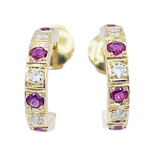 Boucles d'Oreilles Créoles en or jaune 18k massif avec rubis et diamants Boucles d'Oreilles Créoles en or jaune 18k massif avec rubis et diamants