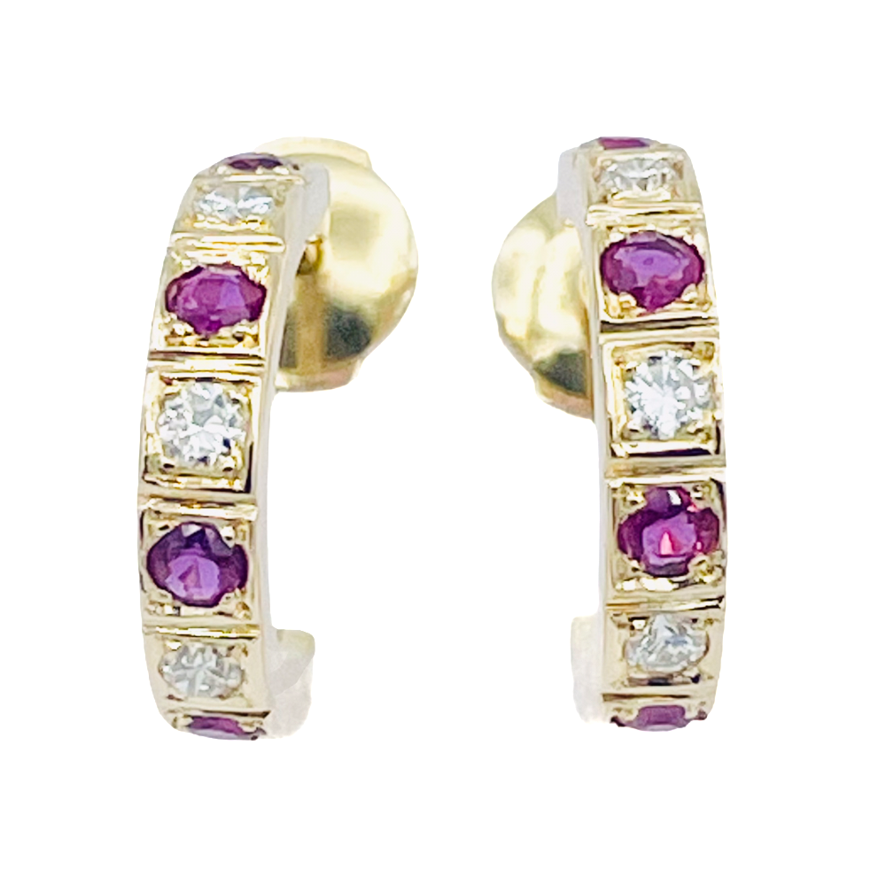 Boucles d'Oreilles Créoles en or jaune 18k massif avec rubis et diamants Boucles d'Oreilles Créoles en or jaune 18k massif avec rubis et diamants