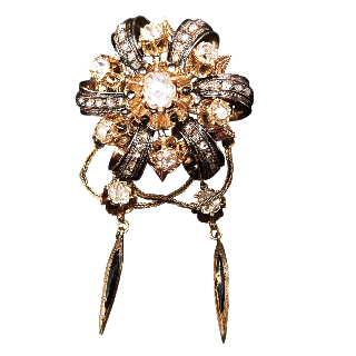 Broche Napoleon III à pampilles, Or 18 Carats , Diamants et émail noir 