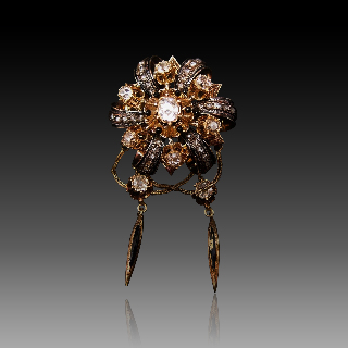 Broche Napoleon III à pampilles, Or 18 Carats , Diamants et émail noir 