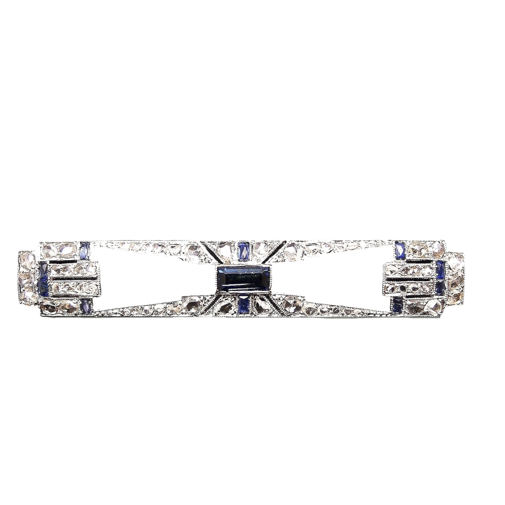 Broche en Or 18k et Platine Art Déco avec saphirs et Diamants. Broche en Or 18k et Platine Art Déco avec saphirs et Diamants.