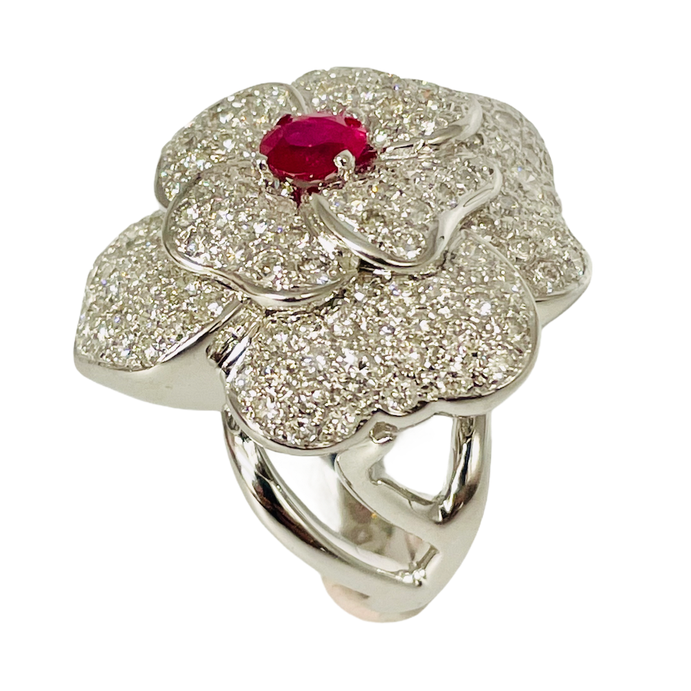 Bague Or Gris 9K Sertie Rubis Et Diamants - Taille 55 - Occasion Vintage