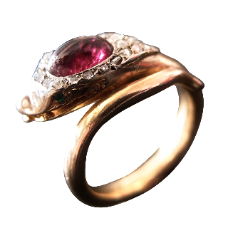 Bague "Serpent" Or Rose 18K Rubis Cabochon + Diamants Taille Rose Vers 1890.