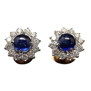 Boucles Oreilles Or 18 Cts avec Diamants et Saphirs Cabochons