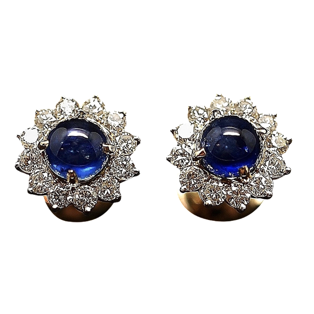 Boucles Oreilles Or 18 Cts avec Diamants et Saphirs Cabochons