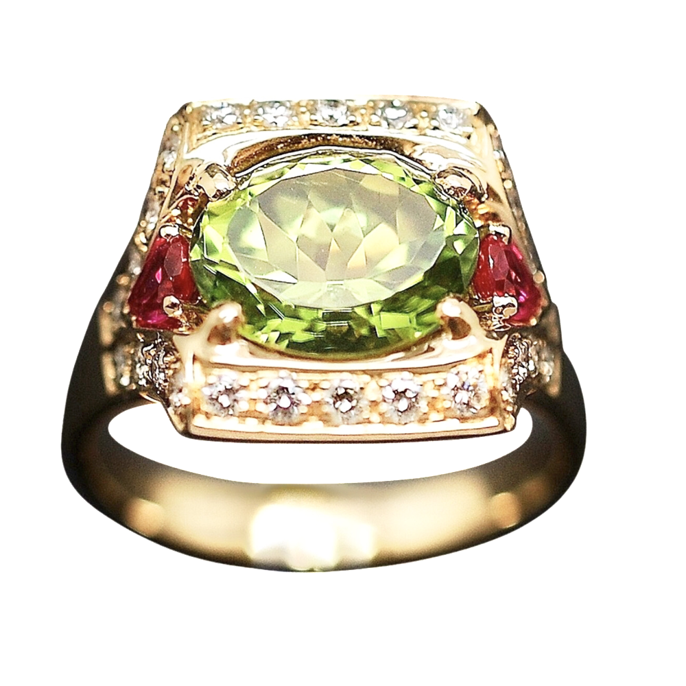 Bague Or Jaune 18K, Rubis et Diamants brillants et Péridot. Taille 55