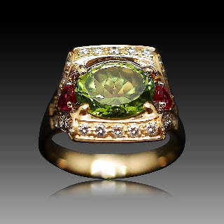 Bague Or Jaune 18K, Rubis et Diamants brillants et Péridot. Taille 55