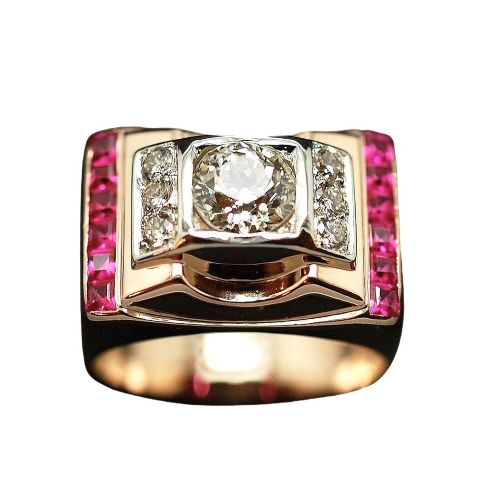 Bague Tank vintage vers 1940 en Or 18K et Platine avec Diamants et Verneuils.