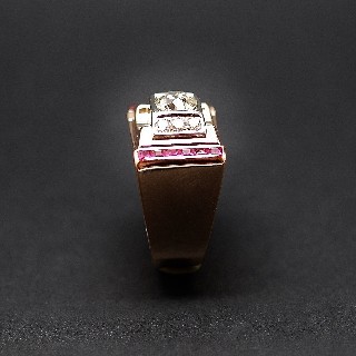 Bague Tank vintage vers 1940 en Or 18K et Platine avec Diamants et Verneuils.