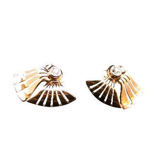 Boucles d'oreilles en or jaune 18k et platine avec Diamants Vers 1940. Motif éventail.