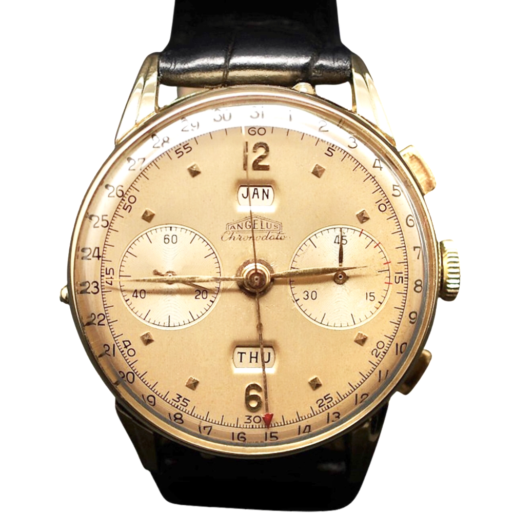 Montre Angelus Vintage Chronodato Triple Date Or jaune 18k mécanique Vers 1945.